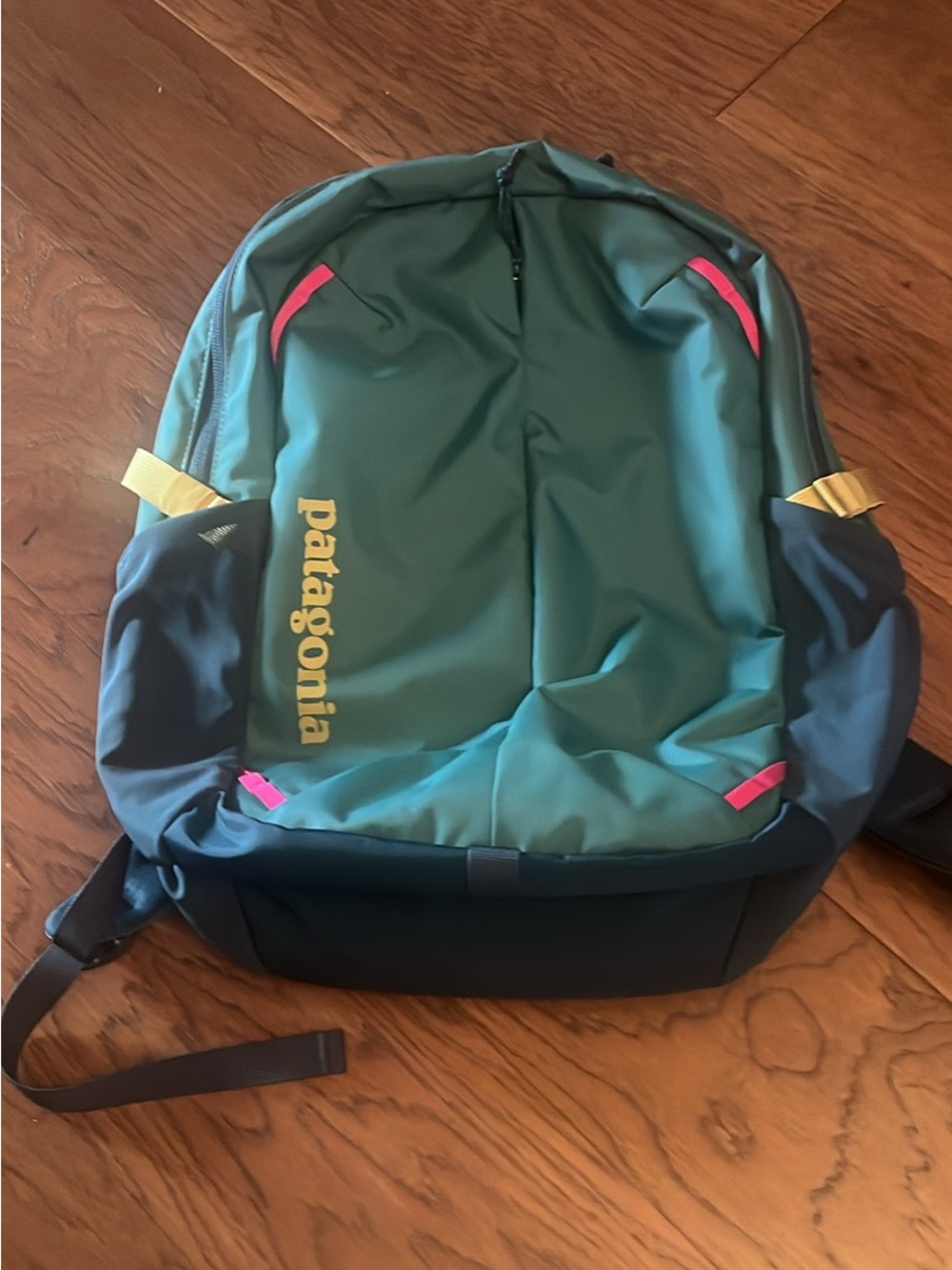 Patagonia Green and Navy Backpack with Yellow Logo and Pink Accents